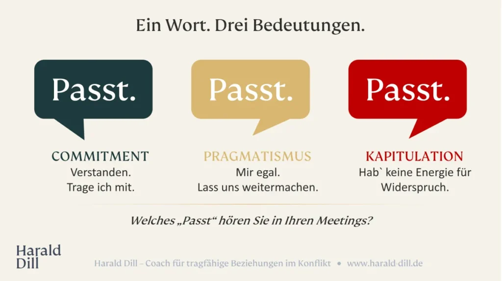 Drei Sprechblasen mit dem Wort "Passt" in Petrol, Gold und Rot, die Commitment, Pragmatismus und Kapitulation darstellen
