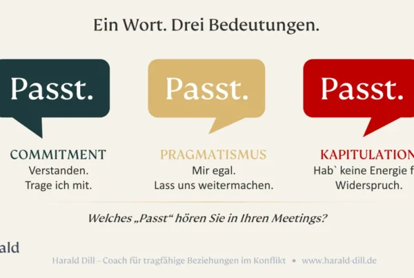 Drei Sprechblasen mit dem Wort "Passt" in Petrol, Gold und Rot, die Commitment, Pragmatismus und Kapitulation darstellen
