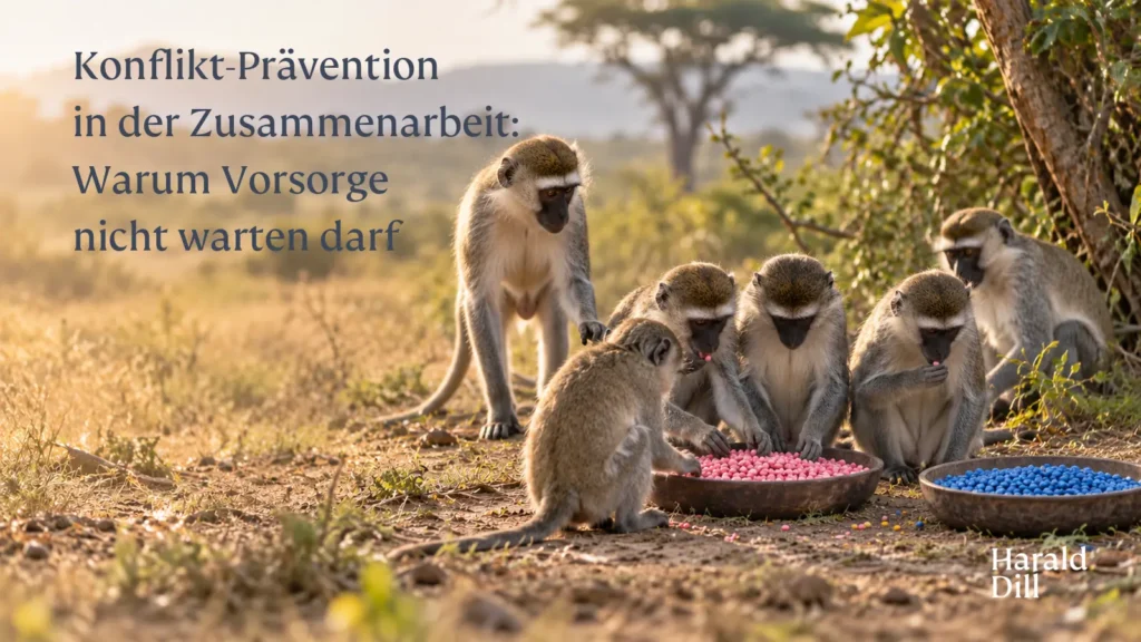 Eine Meerkatze nähert sich einer bestehenden Gruppe – Sinnbild für die Übernahme von Unternehmenskultur.