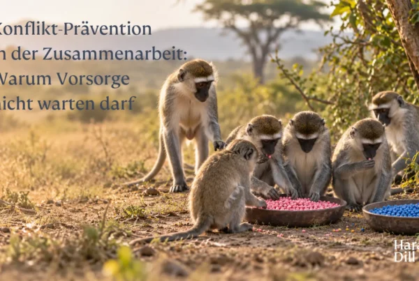 Eine Meerkatze nähert sich einer bestehenden Gruppe – Sinnbild für die Übernahme von Unternehmenskultur.